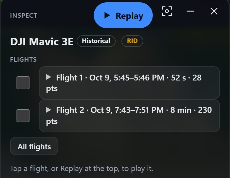 Phone inspect card for a drone heard over Remote ID, with a large blue Replay button on the top row and two recorded flights listed below.