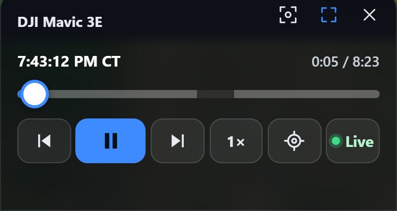Phone replay controls: timestamp, elapsed and total time, a draggable timeline, step back and forward, play and pause, speed, follow, and a return-to-live button.